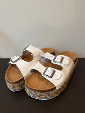 White Double-Buckle Platform Slide Sandals with Multicolor Espadrille Trim